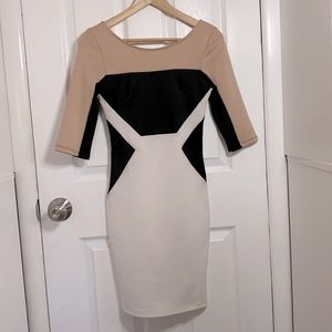 Mid-length dress, white, black & beige